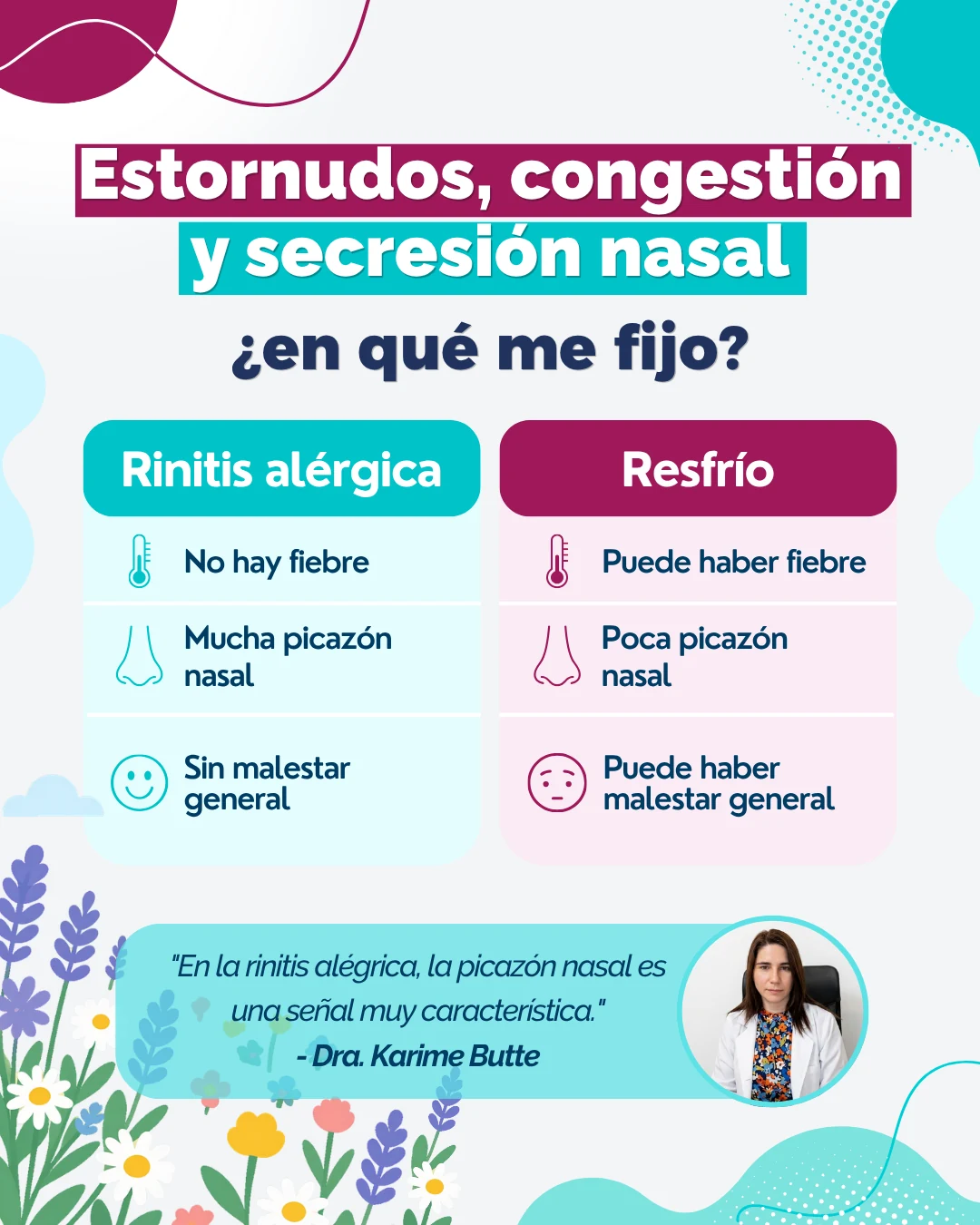 Tabla comparativa entre rinitis alérgica y resfrío: fiebre, picazón nasal y malestar general