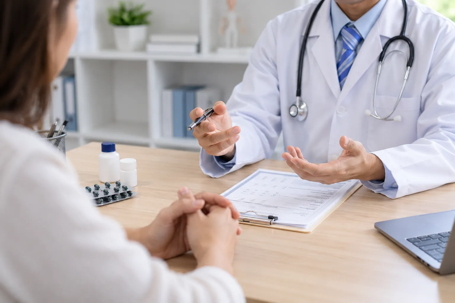 Médico conversa con una paciente durante una consulta
