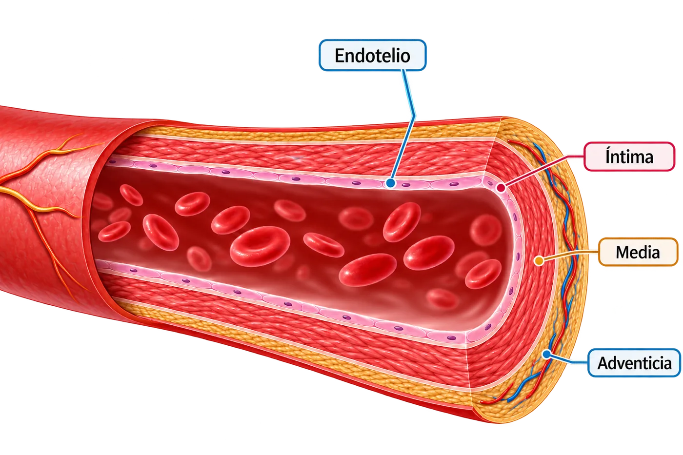 Ilustración de una arteria y sus capas: endotelio, íntima, media y adventicia