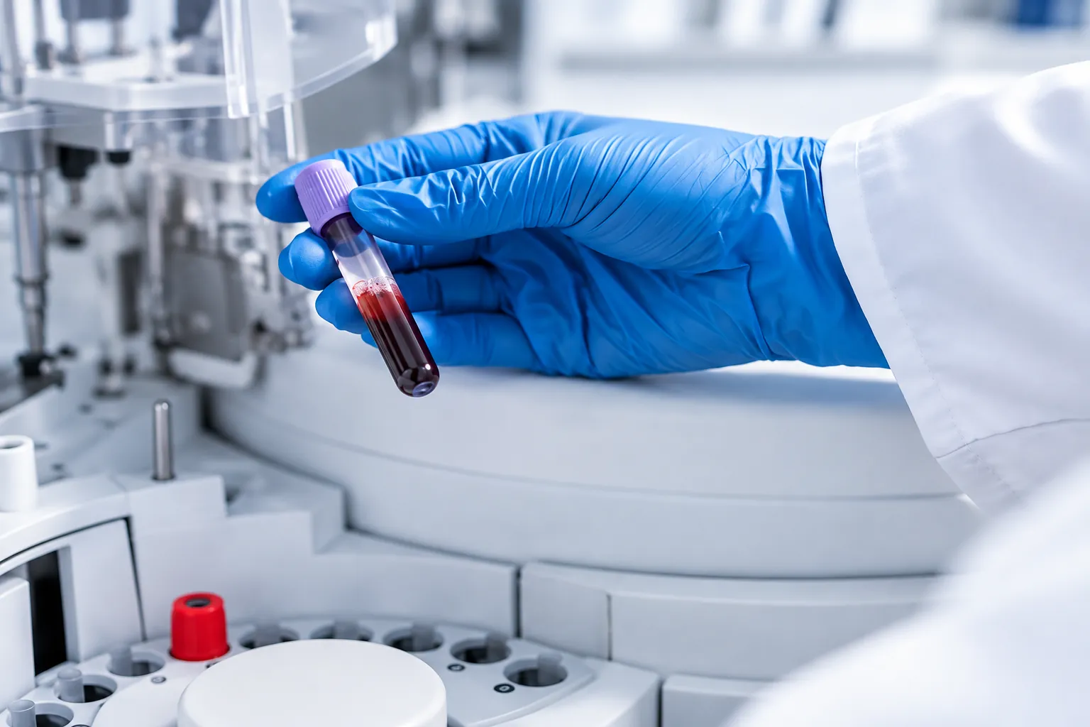 Profesional de laboratorio sostiene un tubo con muestra de sangre junto a un analizador