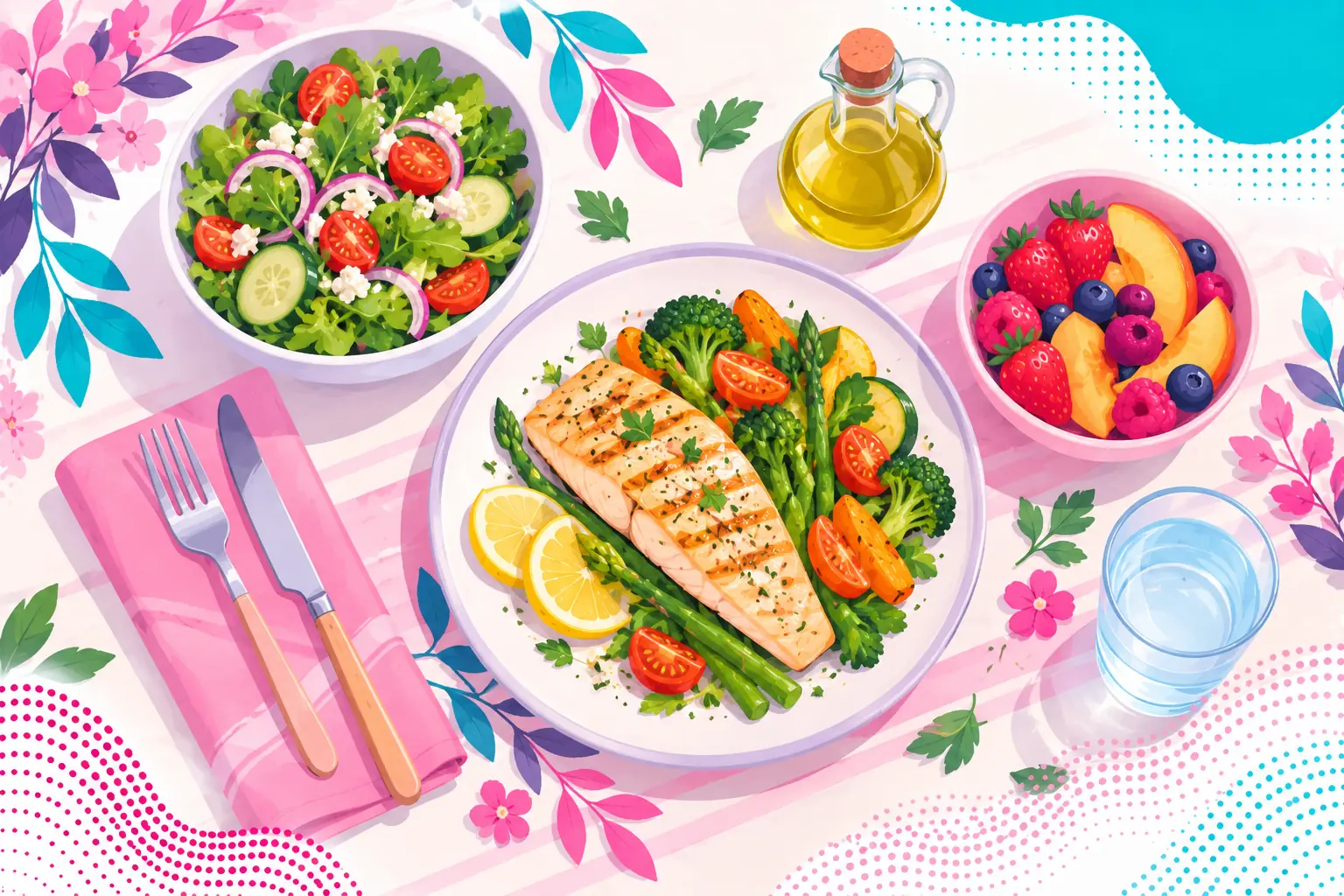 Ilustración de una mesa con pescado a la plancha, verduras, ensalada, frutas, aceite de oliva y un vaso de agua