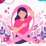 Ilustración de una mujer con la mano sobre el pecho, rodeada por el lazo rosa de la prevención del cáncer de mama