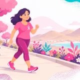 Ilustración de una mujer caminando con ropa deportiva por un paseo con árboles y cerros al fondo