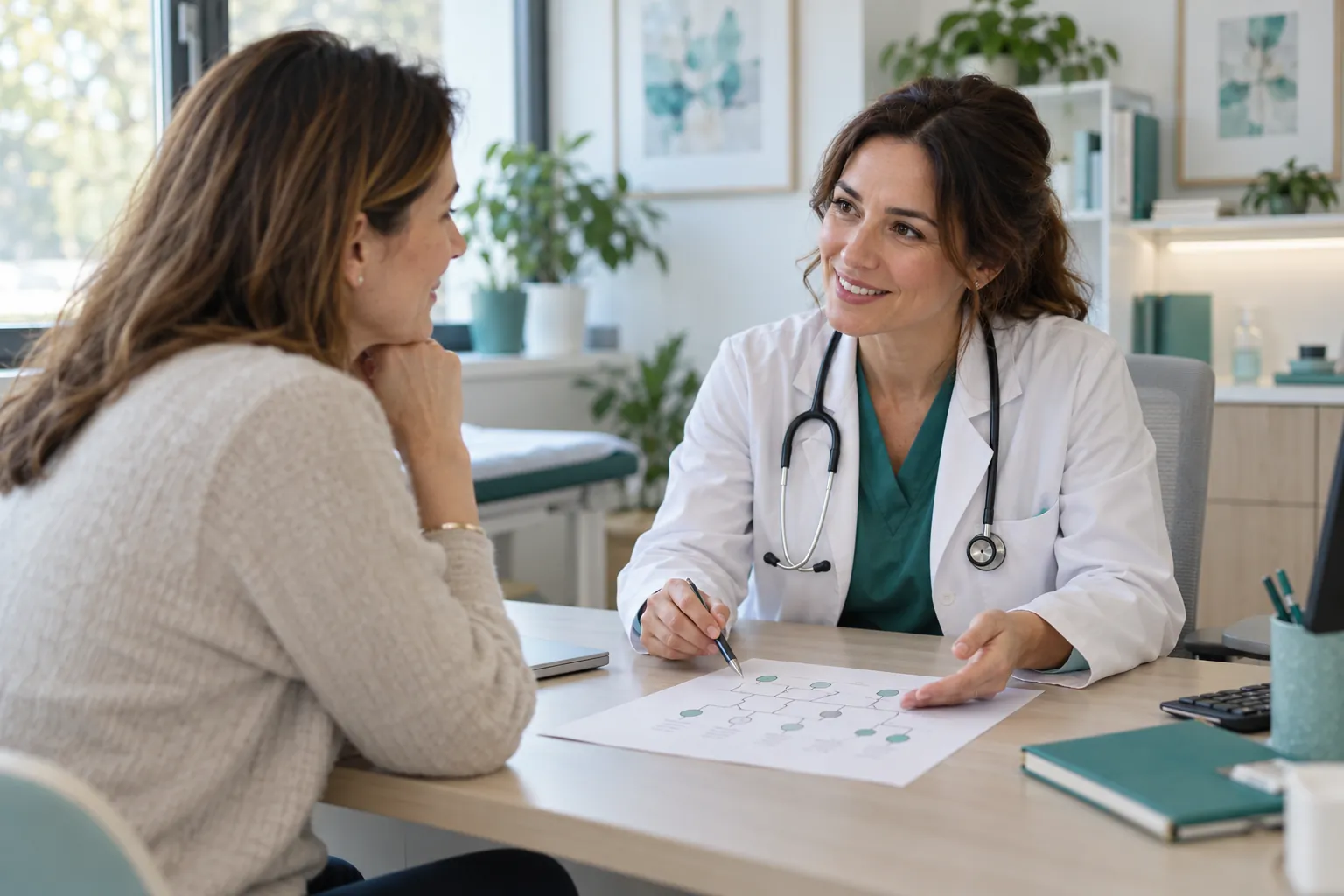 Médica conversa con una paciente mientras revisan un árbol familiar dibujado en una hoja