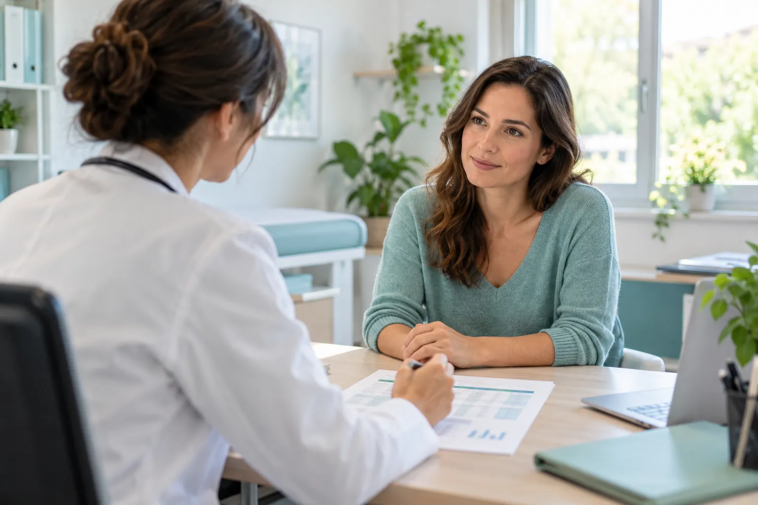 Médica conversando con una paciente en una consulta de inmunología, con una hoja de resultados sobre el escritorio