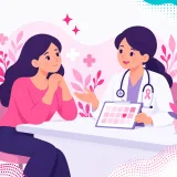Ilustración de una paciente conversando con su médica sobre el control anual de mamas, con un calendario sobre el escritorio
