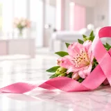 Cinta rosada de la campaña contra el cáncer de mama junto a un ramo de alstroemerias sobre una mesa de mármol