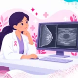Ilustración de una médica radióloga revisando en el monitor una mamografía y una ecografía mamaria lado a lado