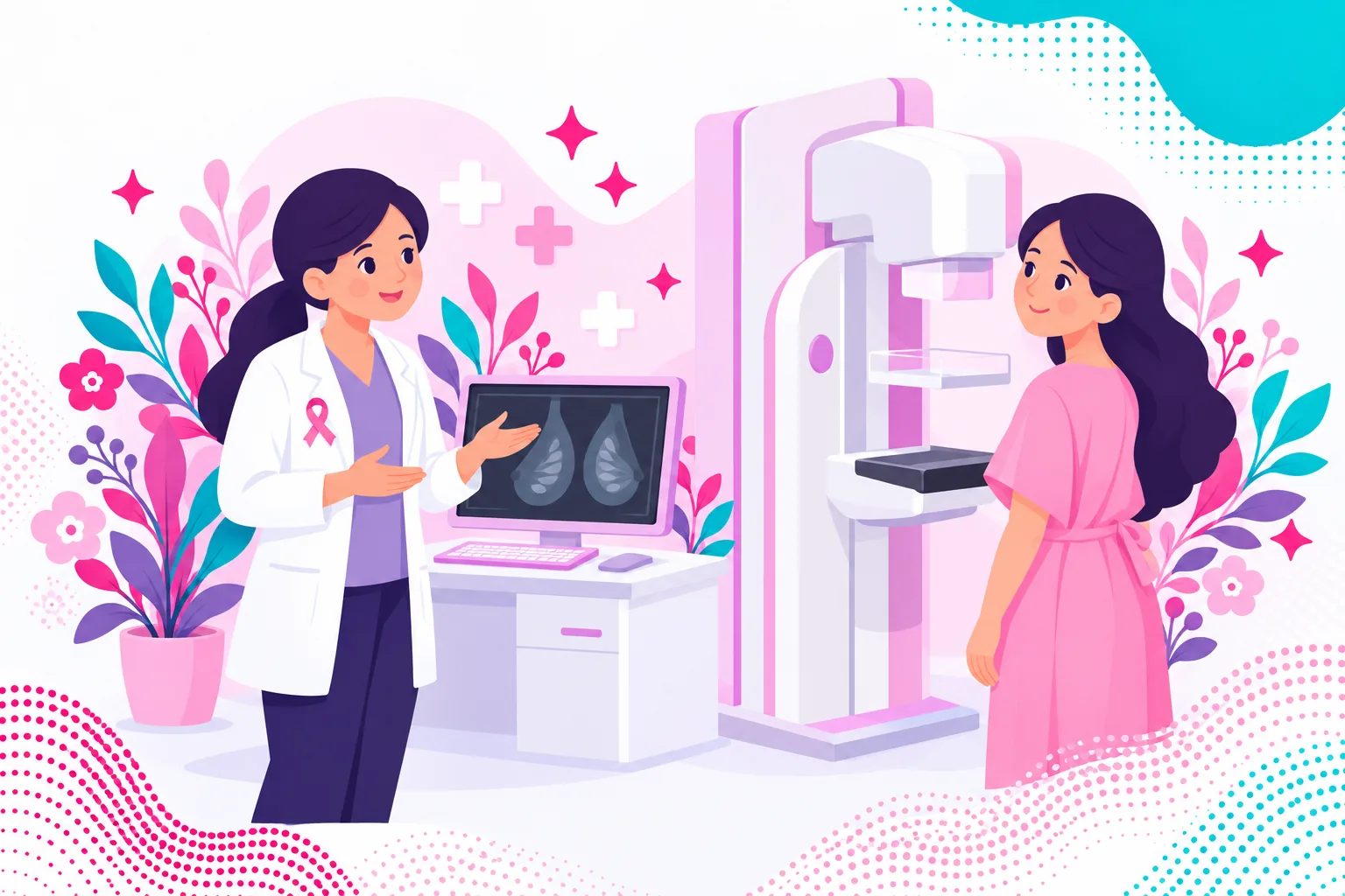 Ilustración de una tecnóloga médica explicando la mamografía a una paciente en la sala del examen