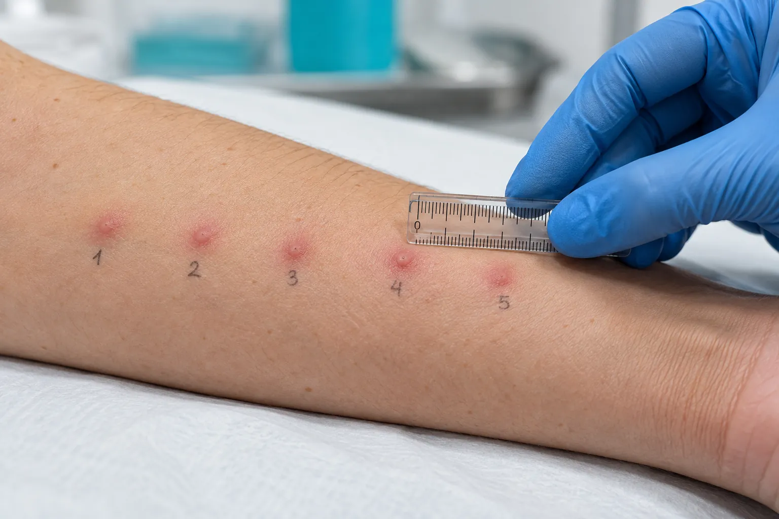 Lectura de un prick test: una regla milimétrica mide las pápulas numeradas en el antebrazo
