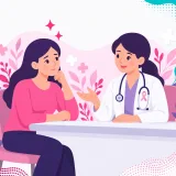 Ilustración de una paciente conversando con su médica sobre las señales de alerta en la mama
